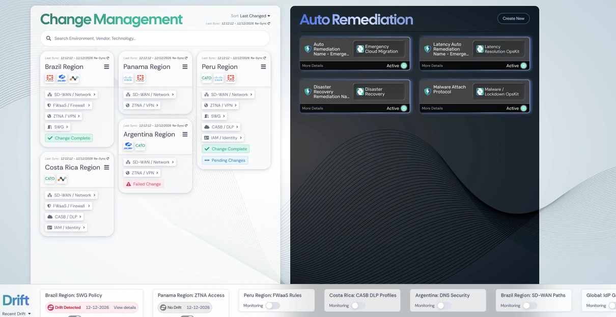 SASE OpsLab change management, auto remediation and drift detection views across regions